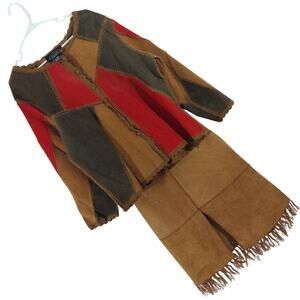 SELENE! GENUINE SUEDE LEATHER! RED, AMBER & BROWN PATCHWORK SKIRT SET! SZ 2X